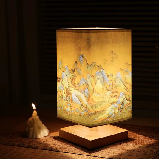 Vintage Chinese Style Wooden Table Lamp Retro Landscape Painting Desk Lamp Lights for Room Decoration Personality beside Lamp